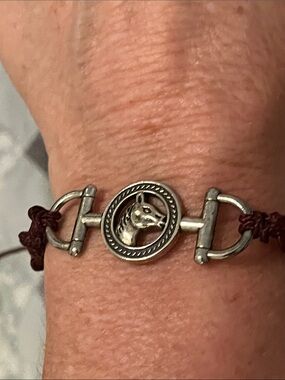 Horse Head Leather Cord Bracelet - Silver Tone
